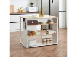 Ilot De Cuisine Table De Bar - 3 étagères, Porte-couteaux Acier Inox. - Blanc Aspect Chêne Clair