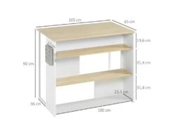 Ilot De Cuisine Table De Bar - 3 étagères, Porte-couteaux Acier Inox. - Blanc Aspect Chêne Clair -Electroménager Soldes meuble de cuisine 19046385