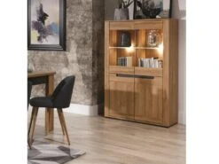 Argentier 4 Portes Chêne/Gris à LEDs - CRACOVIE - L 91 X L 39.5 X H 147 Cm