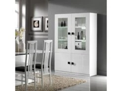 Vaisselier 4 Portes Blanc/Blanc Laqué à LEDS - ZEME - L 118 X L 46 X H 181 Cm