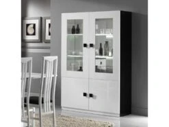 Vaisselier 4 Portes Blanc/Noir Laqué à LEDS - ZEME - L 118 X L 46 X H 181 Cm