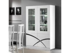 Vaisselier 4 Portes Blanc Laqué à LEDS - CROSS - L 118 X L 46 X H 181 Cm