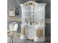 Vitrine 5 Portes Battantes 3 Tiroirs Blanc/Or à Led - ADELE - L 139 X L 50 X H 213 Cm