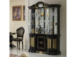 Vitrine 5 Portes Battantes 3 Tiroirs Noir/Or à Led - ADELE - L 139 X L 50 X H 213 Cm