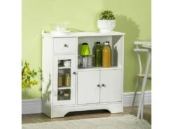 Buffet De Cuisine Meuble De Rangement Moderne Avec Porte En Verre, Tiroir, Grande Niche Et étagères Réglables, 80 X 30 X 82 Cm, Blanc