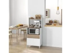 Meuble De Rangement Desserte De Cuisine Pour Micro-ondes Avec Placard Tiroir étagère Supérieur 60 X 40 X 131 Cm Naturel Et Blanc