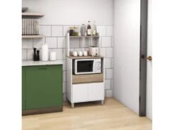 Meuble De Rangement Desserte De Cuisine Pour Micro-ondes Avec Placard Tiroir étagère Supérieur 60 X 40 X 131 Cm Naturel Et Blanc -Electroménager Soldes meuble de cuisine 22990091
