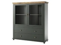 Vaisselier Avec LED Intégrées Collection ASSIA. Coloris Vert Et Chêne. 2 Portes Et 2 Tiroirs