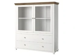 Vaisselier Avec LED Intégrées Collection ASSIA. Coloris Frêne Blanc Et Chêne. 2 Portes Et 2 Tiroirs