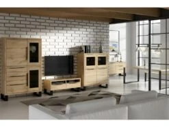 Vaisselier Coloris Chêne Collection MILO. Finition Noires. Meuble Idéal Pour Votre Salle à Manger. -Electroménager Soldes meuble de cuisine 9543735