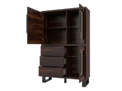 Vaisselier Coloris Chêne Foncé Collection MILO. Pieds En Métal Noir. -Electroménager Soldes meuble de cuisine 9543895