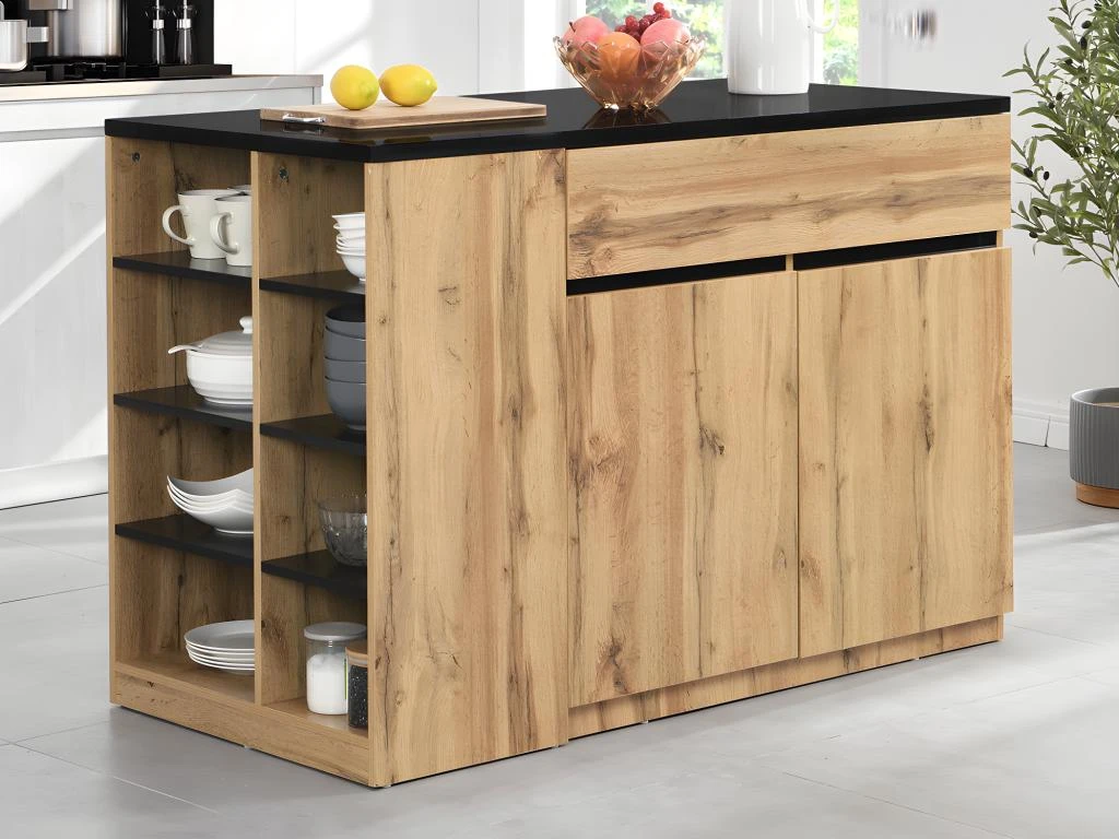 Ilot Central De Cuisine Avec Rangements - Noir Et Naturel - MEILI 4 Ilot Central De Cuisine Avec Rangements - Noir Et Naturel - MEILI – Image 2