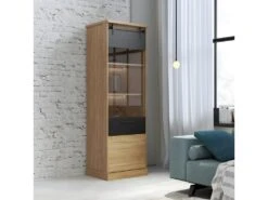 Colonne Vitrée 1 Porte Décor Chêne Et Noir Mat éclairage LED - FARM -Electroménager Soldes meuble de rangement 10686061