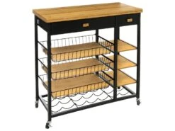 Desserte Roulante Grand Modèle En Métal Noir Et Bambou L 126 X H 87 Cm