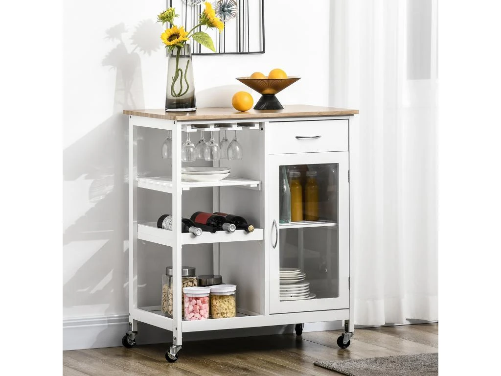 Desserte De Cuisine Multi-rangement - Porte Acrylique Poignées Métal MDF Blanc Aspect Bambou 3 Desserte De Cuisine Multi-rangement - Porte Acrylique Poignées Métal MDF Blanc Aspect Bambou