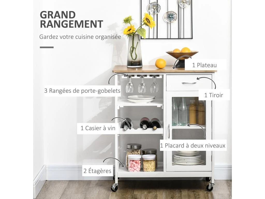 Desserte De Cuisine Multi-rangement - Porte Acrylique Poignées Métal MDF Blanc Aspect Bambou 6 Desserte De Cuisine Multi-rangement - Porte Acrylique Poignées Métal MDF Blanc Aspect Bambou – Image 4