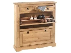 Meuble à Chaussures TEQUILA Style Mexicain Armoire 2 Abattants Et 2 Tiroirs Rangement 16 Paires, Pin Massif Finition Teintée/cirée -Electroménager Soldes meuble de rangement 13047395