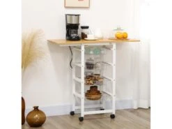 Desserte De Cuisine Extensible à Roulettes Multi-rangement 4 Paniers Métal Rallonge Bois Bambou Verni Blanc