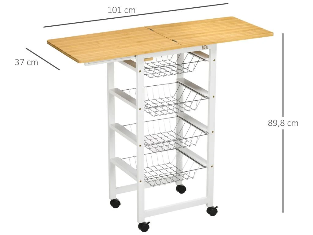 Desserte De Cuisine Extensible à Roulettes Multi-rangement 4 Paniers Métal Rallonge Bois Bambou Verni Blanc 4 Desserte De Cuisine Extensible à Roulettes Multi-rangement 4 Paniers Métal Rallonge Bois Bambou Verni Blanc – Image 2