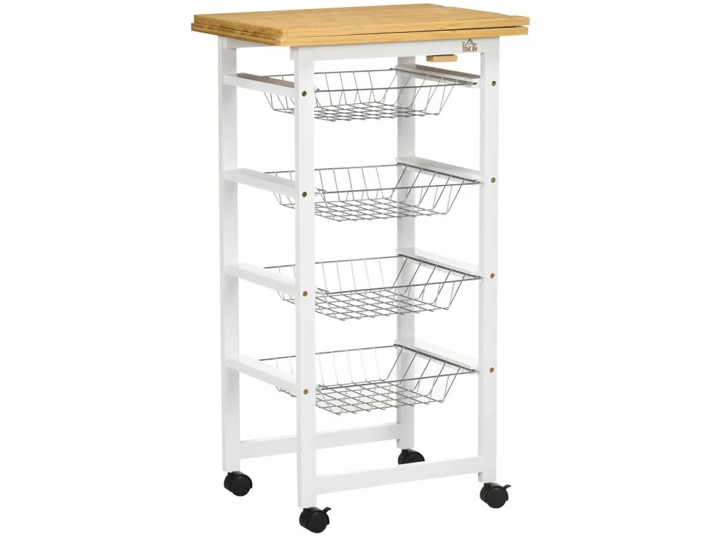 Desserte De Cuisine Extensible à Roulettes Multi-rangement 4 Paniers Métal Rallonge Bois Bambou Verni Blanc 6 Desserte De Cuisine Extensible à Roulettes Multi-rangement 4 Paniers Métal Rallonge Bois Bambou Verni Blanc – Image 4