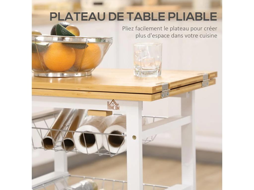 Desserte De Cuisine Extensible à Roulettes Multi-rangement 4 Paniers Métal Rallonge Bois Bambou Verni Blanc 7 Desserte De Cuisine Extensible à Roulettes Multi-rangement 4 Paniers Métal Rallonge Bois Bambou Verni Blanc – Image 5