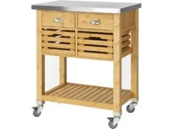 Desserte Sur Roulettes Armoire De Rangement En Bambou Plan De Travailen En Acier Inox, Fkw40-n