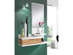 Meuble D'entrée + Miroir Blanc/Chêne - IROLA - L 81 X L 29 X H 116 Cm