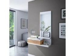 Meuble D'entrée + Miroir Blanc/Chêne - IROLA - L 81 X L 29 X H 116 Cm -Electroménager Soldes meuble de rangement 19723869