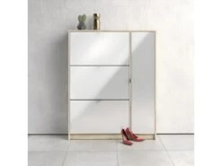 Shane Armoire à Chaussures, 3 Casiers, 2R, 1 Porte, Finition Chêne Structuré, Blanc Brillant. -Electroménager Soldes meuble de rangement 22081687