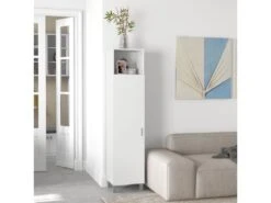 Armoire Colonne Meuble De Rangement Avec Niche Supérieure Et Placard 3 étagères Intérieures - 40 X 35 X 177 Cm - Blanc