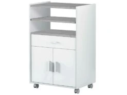 Chariot Dmatte, Meuble Auxiliaire De Cuisine à Roulettes, Armoire Polyvalente Avec 2 Portes Et 1 étagère, 59x40h92 Cm, Blanc