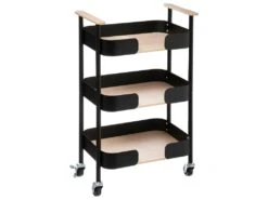 Desserte De Cuisine Roulante à 3 Niveaux En Métal Noir Et Bois H 74.6 Cm