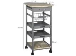 Chariot De Service Desserte De Cuisine à Roulettes Panier + 2 Plateaux Amovibles, Tiroir, étagère MDF Chêne Clair Bois Pin Gris -Electroménager Soldes meuble de rangement 22963019