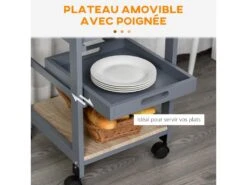 Chariot De Service Desserte De Cuisine à Roulettes Panier + 2 Plateaux Amovibles, Tiroir, étagère MDF Chêne Clair Bois Pin Gris -Electroménager Soldes meuble de rangement 22963023
