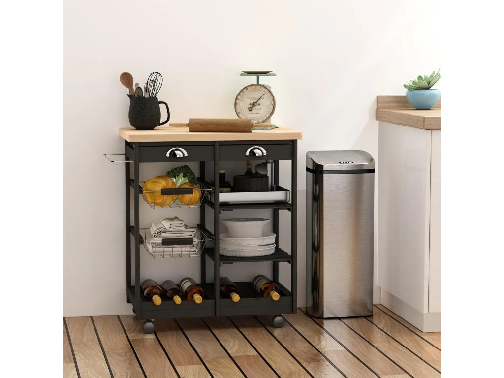 Chariot De Service Desserte De Cuisine à Roulettes Multi-rangements 74L X 37l X 76H Cm Plateau Bois Massif Pin Châssis MDF Noir 3 Chariot De Service Desserte De Cuisine à Roulettes Multi-rangements 74L X 37l X 76H Cm Plateau Bois Massif Pin Châssis MDF Noir