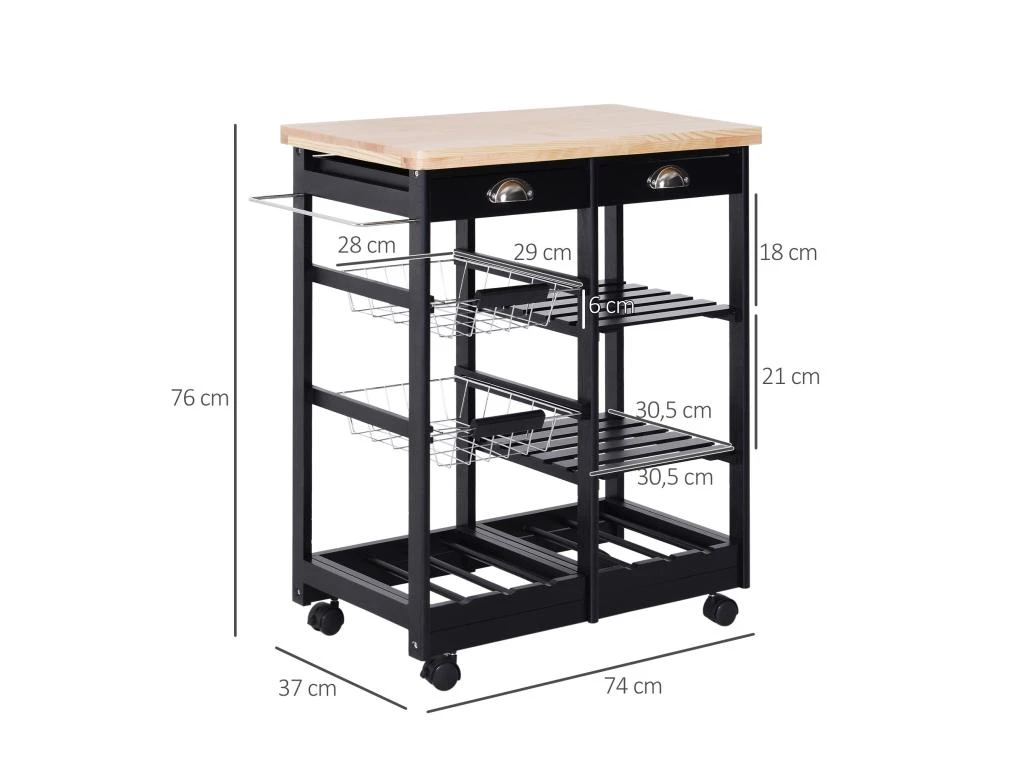 Chariot De Service Desserte De Cuisine à Roulettes Multi-rangements 74L X 37l X 76H Cm Plateau Bois Massif Pin Châssis MDF Noir 5 Chariot De Service Desserte De Cuisine à Roulettes Multi-rangements 74L X 37l X 76H Cm Plateau Bois Massif Pin Châssis MDF Noir – Image 3