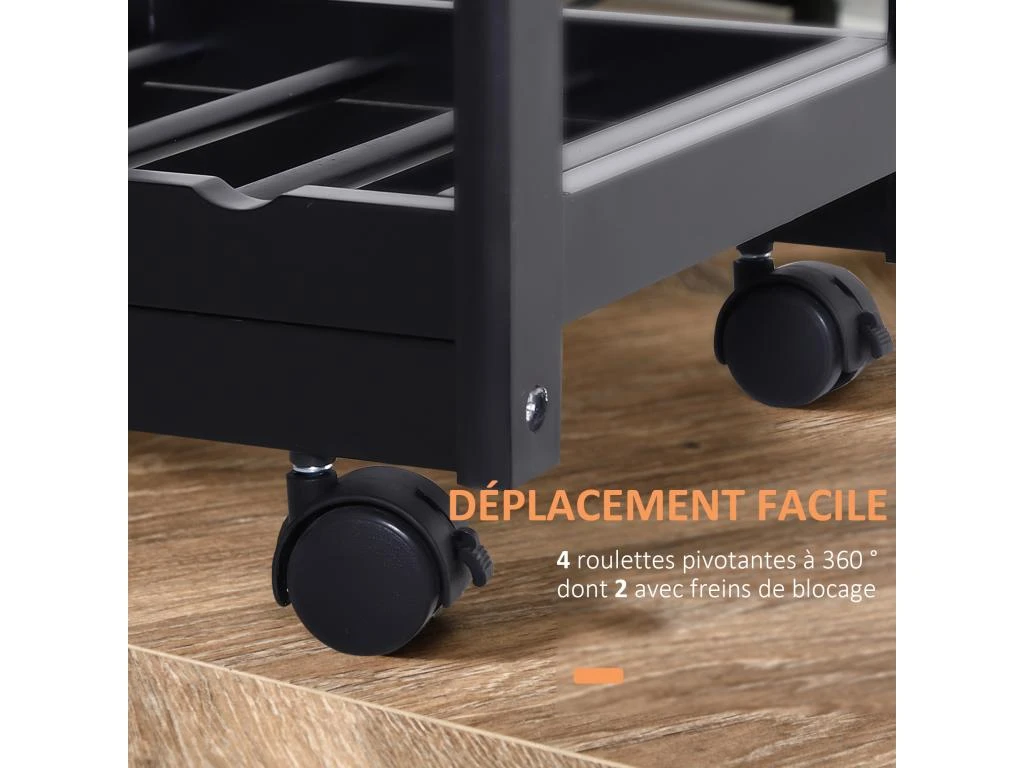 Chariot De Service Desserte De Cuisine à Roulettes Multi-rangements 74L X 37l X 76H Cm Plateau Bois Massif Pin Châssis MDF Noir 7 Chariot De Service Desserte De Cuisine à Roulettes Multi-rangements 74L X 37l X 76H Cm Plateau Bois Massif Pin Châssis MDF Noir – Image 5