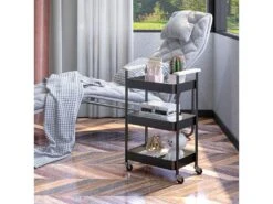 Desserte De Cuisine Chariot De Service Design Industriel Roulettes 3 étagères Et Poignée Aspect Bois Clair Acier Noir -Electroménager Soldes meuble de rangement 23021177