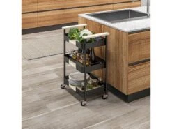 Desserte De Cuisine Chariot De Service Design Industriel Roulettes 3 étagères Et Poignée Aspect Bois Clair Acier Noir -Electroménager Soldes meuble de rangement 23021179