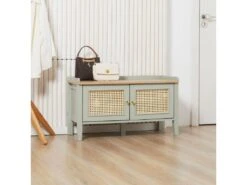 Meuble Chaussures Banc à Chaussures 2 En 1 Style Bohème Chic 2 Portes étagère Réglable - MDF Vert D'eau Aspect Chêne Clair Rotin