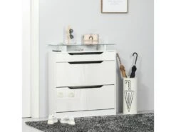 Armoire à Chaussures Avec 2 Tiroirs Rabattables + 1 Tiroir Coulissant + 1 Comptoir Et 1 Plateau En Verre étagère Réglable Sur 2 Niveaux 89 X 23 X 96 Cm Blanc