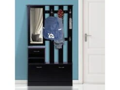 Ensemble De Meubles D'entrée Design Contemporain : Meuble Chaussures, Miroir Et Panneau Porte-manteau Panneaux De Particules Noir