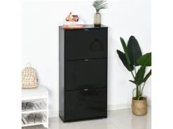 Meuble à Chaussures 3 Portes Abattantes 3 Compartiments MDF Noir Laqué