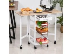 Chariot De Service Desserte De Cuisine à Roulettes Multi-rangements 3 Paniers Métal + Tiroir + Rallonges MDF Blanc Chêne Clair