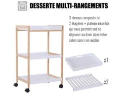 HOMCOM Chariot De Service Desserte De Cuisine à Roulettes 2 étagères + Plateau Amovible Bois De Pin MDF Blanc -Electroménager Soldes meuble de rangement 9429345