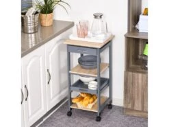 Chariot De Service Desserte De Cuisine à Roulettes 2 étagères + Plateau Amovible + Tiroir Bois De Pin MDF Gris Chêne Clair