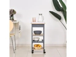 Chariot De Service Desserte De Cuisine à Roulettes 2 étagères + Plateau Amovible + Tiroir Bois De Pin MDF Gris Chêne Clair -Electroménager Soldes meuble de rangement 9437107
