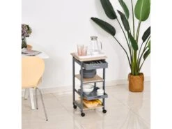 Chariot De Service Desserte De Cuisine à Roulettes 2 étagères + Plateau Amovible + Tiroir Bois De Pin MDF Gris Chêne Clair -Electroménager Soldes meuble de rangement 9437109