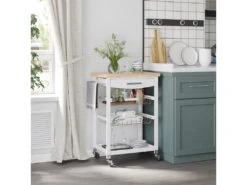 Desserte Chariot De Cuisine Sur Roulettes Avec Plan De Travail, 2 Paniers Coulissants, 1 Porte-torchons - Blanc