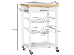 Desserte Chariot De Cuisine Sur Roulettes Avec Plan De Travail, 2 Paniers Coulissants, 1 Porte-torchons - Blanc -Electroménager Soldes meuble de rangement 9437131